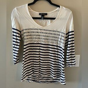 White House Black Market Long Sleeve Striped Top with Lace Overlay